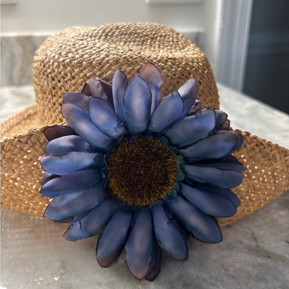 Vintage Importina Straw Hat with Blue Flower Accent - Picture 2 of 5